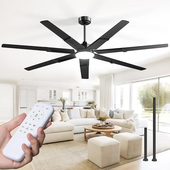 Amico 74 Inch Ceiling Fans with Lights and Remote, Black | 6 Speed Reversible DC Motor, 3CCT, Dimmable, Quiet, Timer, Large Modern Ceiling Fan for Living room, Indoor/Outdoor
