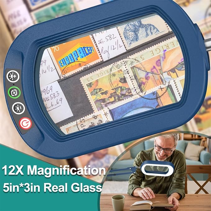 IVMAIE 12X Rectangle Magnifying Glass with Light, 5 Color Modes Stepless Dimmable Magnifier with Stand, LED Lighted Clamp Desk Lamp with Swing Arm, Hands Free for Reading Painting Close Work - Blue