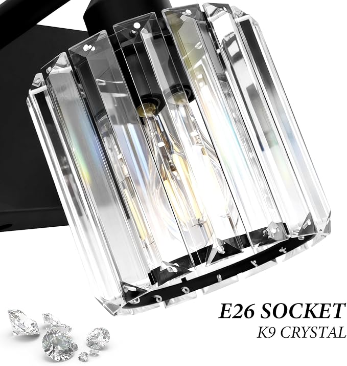 Black Crystal Bathroom Vanity Light, 5-Light Modern Bathroom Lighting Fixtures Over Mirror, Matte Black Wall Sconce Light Fixtures with Round Shade