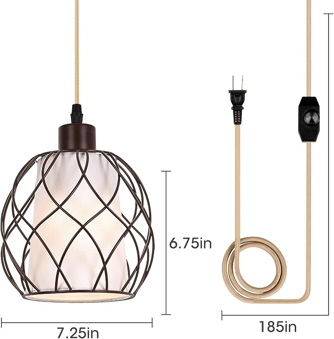 Plug in Pendant Light Metal Hanging Lights with Plug in Cord Hanging Lamp Mid Century Modern Vintage Dimmable Plug in Chandelier Ceiling Fixture for Living Room,Bedroom,Brown