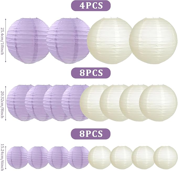 20Pcs Paper Lanterns, Purple and Ivory Round Hanging Lanterns for Wedding | 6"8"10" Round Paper Lanterns Decorations for Engagement Rustic Party Bridal Shower Birthday Baby Shower Home Classroom Decor