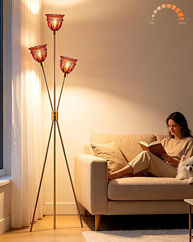 Lightdot 3-Lights Glass Tripod Floor Lamp Gold Dimmable Floor Lamps with 3000K Warm White Bulbs for Wedding Party 62IN Tall Standing Lamp with Deep Red Glass Shade for Living Room/Bedroom/Home Decor