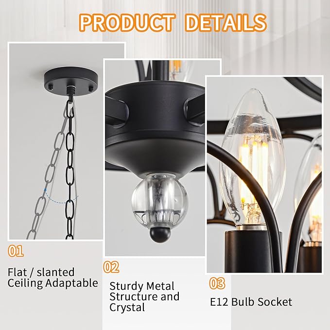 5-Light Black Chandelier,15.2in Farmhouse Lantern Pendant Light Fixture,Adjustable Hanging Ceiling Lamp with E12 Socket,for Kitchen Island,Bedroom,Entryway,Dining Room