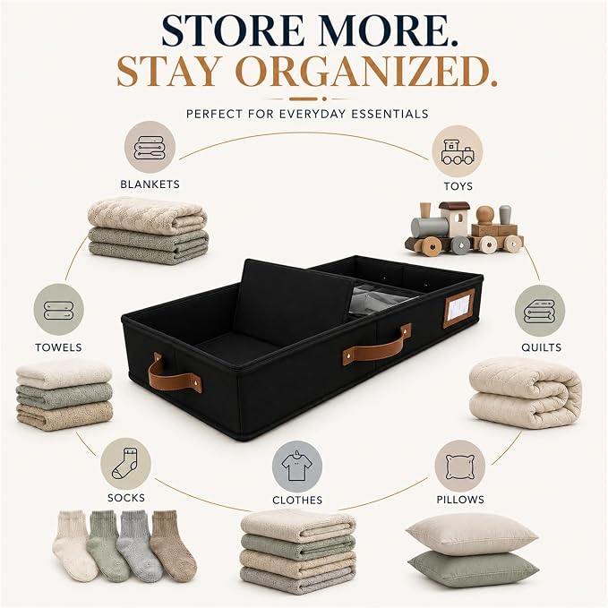 Under Bed Storage, Large 2pc with Lid, Black | Drawer-style pull-out design, Fits blankets, clothes, fabric & shoes, Bins with lids, Bedroom & closet storage