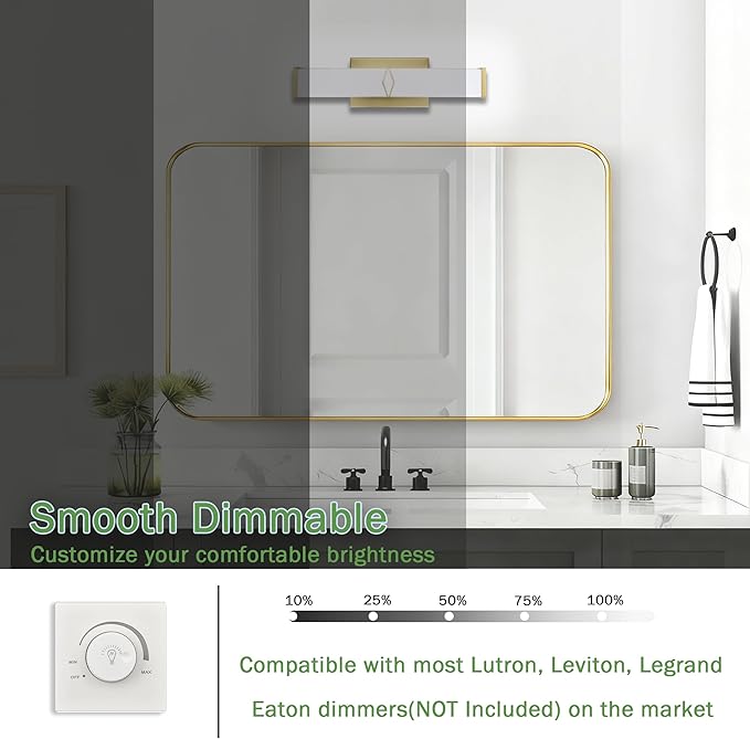 16 Inch Bathroom Vanity Light 2000LM, 5700K Daylight White Modern Bathroom Light Dimmable, AC 120V 20W Gold LED Vanity Lighting Fixtures Wall Sconce ETL Certified, 2Pack