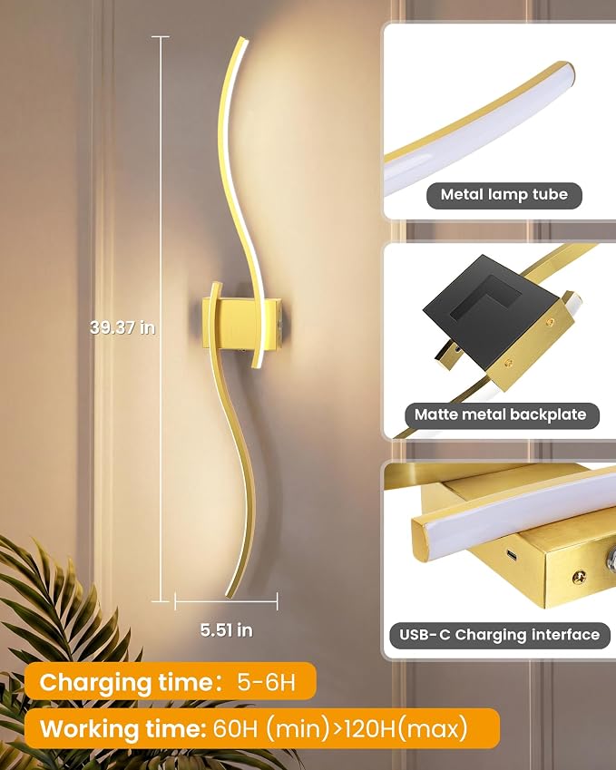 39.4 Inch Battery Operated Wall Sconce Set of 2, Gold Modern Rechargeable Wall Lights with Remote, 3CCT Dimmable Wireless Wall Lamp for Living Room Bedroom Hallway