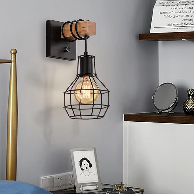 Lightess Set of Two Black Cage Farmhouse Wall Sconces with Dimmer Switch | Metal Cage Frame Adjustable Brightness Wall Mount Light Dimmable Rustic Industrial For Kitchen Living Room Indoor Decor