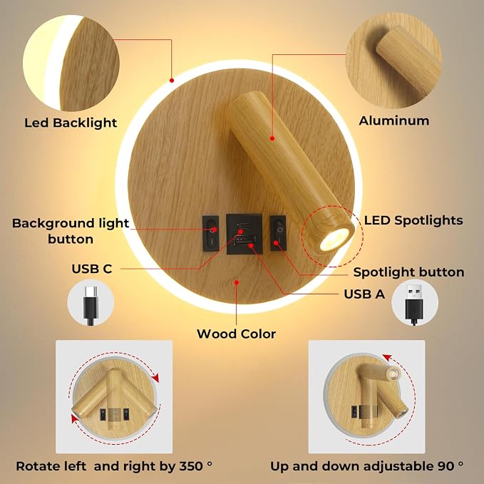 Reading Light for Bed with Plug in Wall Sconce&Hardwired Install | Wall Lamp for Bedroom with USB C+A Ports, Bedside Reading Lamp With 9W Night Light, Wood Color Reading Light Adjustable Angle