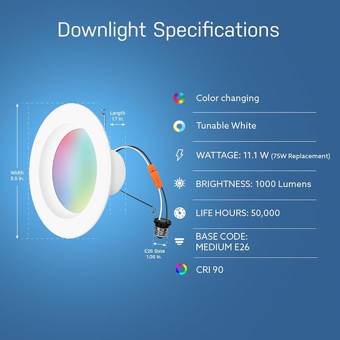 Feit Electric Smart Recessed Light, Fits Most 5-6" Can Housing, Works with Alexa or Google Assistant, Dimmable, 75W Equiv, 1000 Lumens, 2.4GHz WiFi Color Changing Downlight, LEDR6/RGBW/AG/2/4, 8 Pack