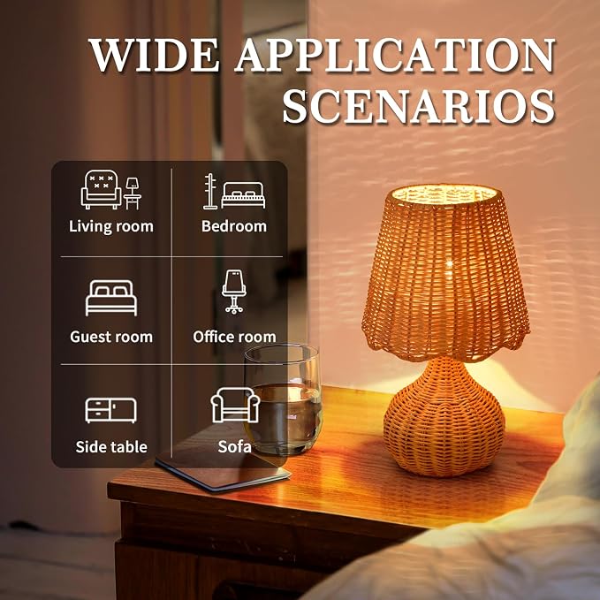 Ziqqeelam Rattan Table Lamp for Bedroom, Boho Small Table Lamps for Bedside, Farmhouse Mini Small Table Lamps for Small Spaces for Kitchen Counter, Bookshelf, Nightstand, Bedroom, Kids Dorm