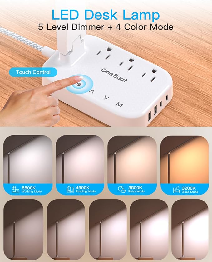 LED Desk Lamp, 10Ft Power Strip with 3 Outlets 4 USB Ports(2 USB C), White | One Beat 4 Modes 5 Level Brightness Touch Lamp, Small Desk Lamp for Home Office College Dorm Essentials, Study Reading Light