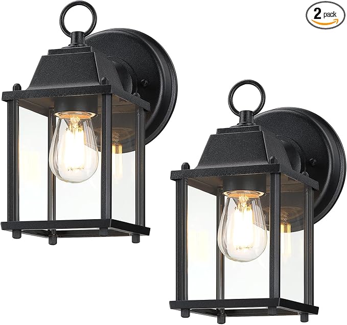 Outdoor Wall Light Fixture, Rustproof Aluminum, Clear Glass | Exterior Porch Light Wall Sconce Lantern for House, Patio, Garage, Waterproof, E26 Socket 60W Max, Black, 2 Pack