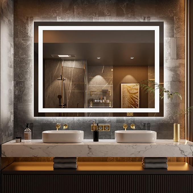 LOAAO 58"X40" LED Bathroom Mirror with Lights | Anti-Fog, Dimmable, 3 Color Temperature, Backlit + Front Lit, Memory Function, Tempered Glass, UL Listed