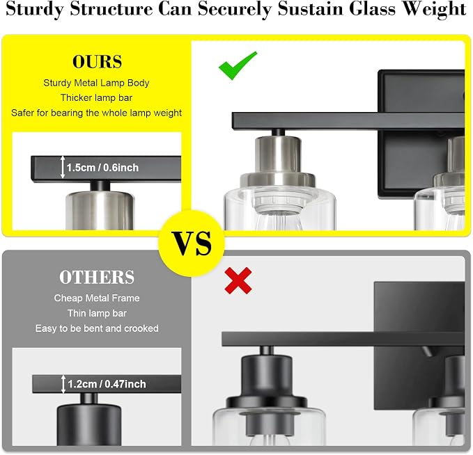 Ascher Bathroom Vanity Light Fixtures, 3 Light Wall Sconces Lighting with Clear Glass Shade, Black and Brushed Nickel Wall Lights for Mirror, Kitchen, Living Room, E26 Base (Bulbs Not Included)
