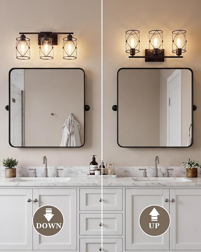 3-Light Oil Rubbed Bronze Bathroom Light Fixtures Over Mirror, 21" UL-Listed Modern Farmhouse Wall Sconce Lights with Clear Glass and Metal Cage for Bath, Hardwire E26, CH9176ORB-3W