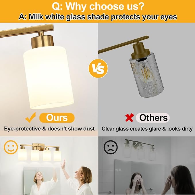 4-Light Bathroom Light Fixtures, Brushed Gold Vanity Light with Milky White Frosted Glass Shades, Modern Bathroom Vanity Light for Mirror, Bedroom, Hallway, or Living Room