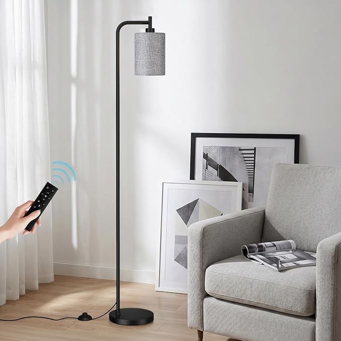 Ziisee 64" Floor Lamp for Living Room with Remote Control, Grey Shade with Black Pole, Dimmable Tall Lamps for Bedroom Office Corner, 9W LED Bulb Included