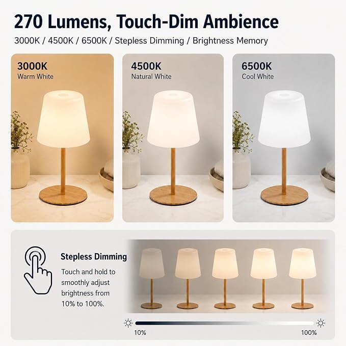 Rechargeable Table Lamp, Cordless Shower Lamp for Bathroom, IP65 Wood Grain | Bathroom To Bedside Glow, Touch-Dim Comfort, 4000mAh USB-C Ease, 12-24H Light, 3 Light Moods, 2-Height Fit