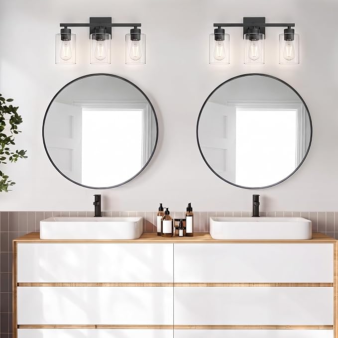 Matte Black Bathroom Vanity Light, 3-Light Vanity Lighting fixtures Over Mirror, Round Design & UL Certification, Wall Sconces with Clear Glass Shades, E26 Socket (Bulbs Not Included)