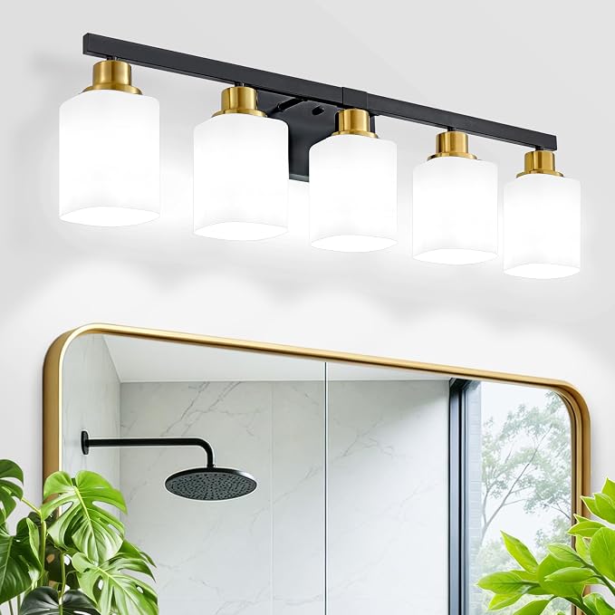 5-Light Black and Gold Vanity Light,Bathroom Lighting Fixtures,30" | Bathroom Light for Mirror with Square Frosted Glass,Modern Wall Sconces fixtures over Sink Restroom,Living Room Hallway