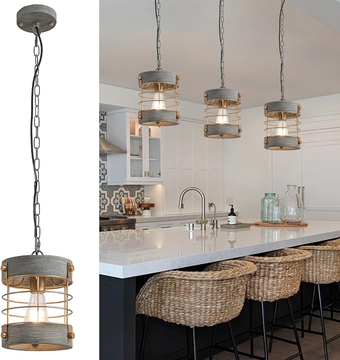 Farmhouse Pendant Light, Adjustable Metal and Wood Chandelier Light Fixture, Rustic Pendant Lighting for Kitchen Island, Bedroom, Dining Room and Entryway, Blue Gray