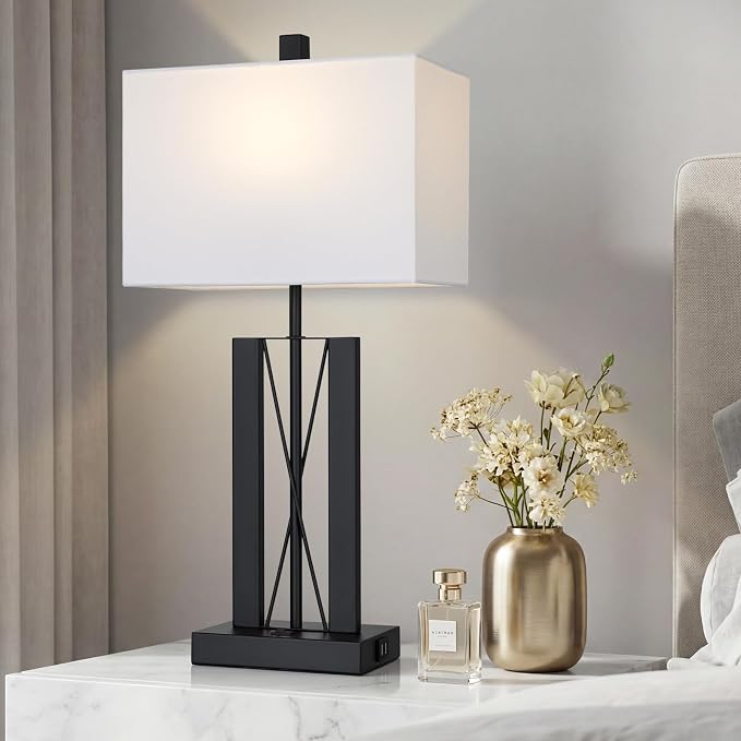 Lolikit 25" Table Lamps for Living Room Set of 2, Modern Table Lamp with 2 USB Charging Ports, Nightstand Geometric Bedside Lamp with White Shade for Bedroom End Table Desk Office(2 LED Bulb Included)