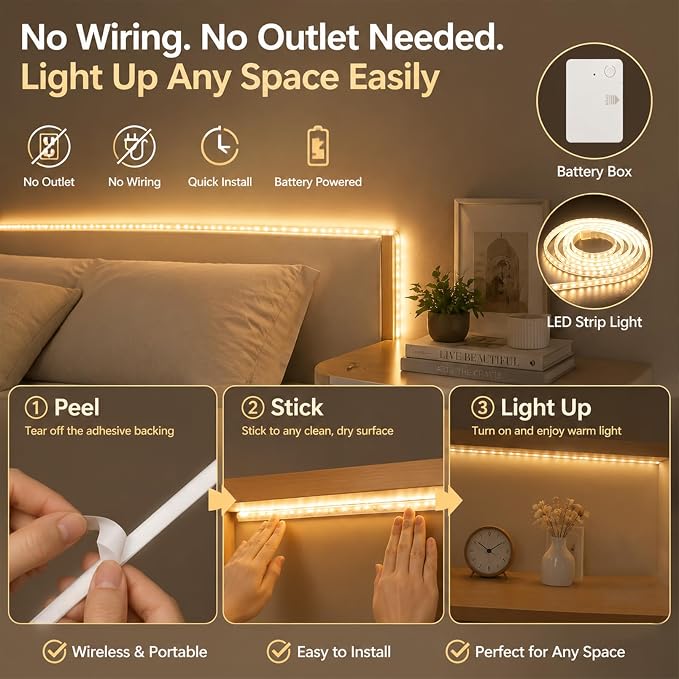 ZSLAIFU 2Pack Warm 3.3FT LED Light Strips Battery Powered Battery Operated LED Lights 120 LEDs Strip Lights for Cabinet Closet Shelves DIY Lighting