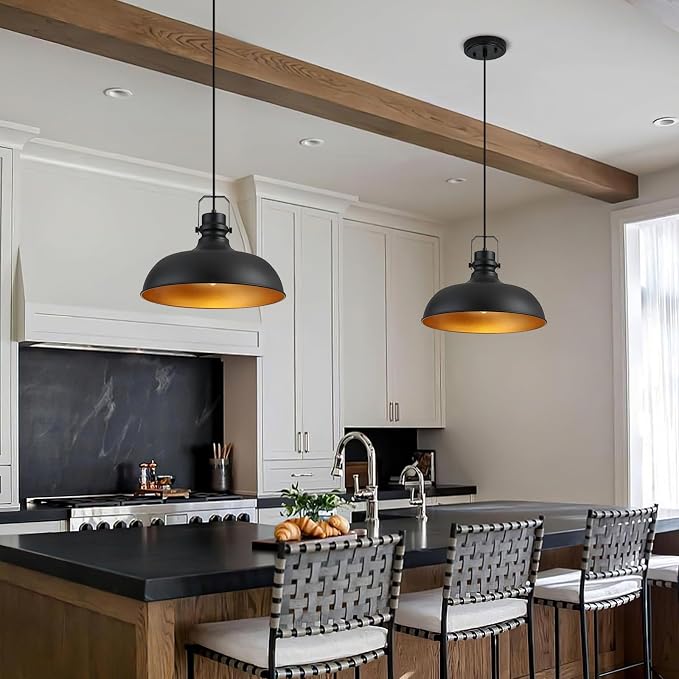 Black Farmhouse Pendant Lights for Kitchen Island 16 Inch | ETL Certificate,Industrial Adjustable Height Vintage Dome Hanging Light Fixtures for Barn,Dining Room 2 Pack
