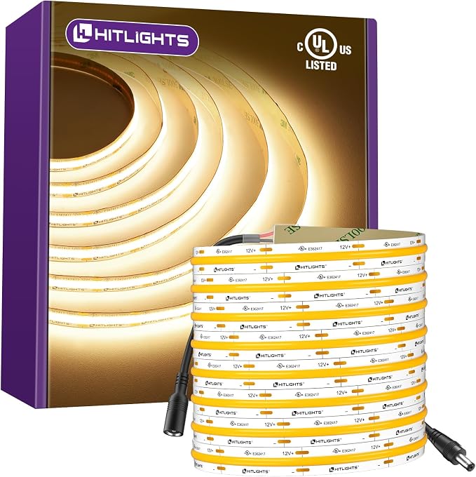 HitLights COB LED Strip Lights Warm White 3000K, 16.4ft 12V Tape, UL Listed | 2640 LEDs, 426 lm/ft, CRI 90+, IP30, High Density, Cuttable, Rope Lighting for Kitchen Cabinets, Power Source Not Included