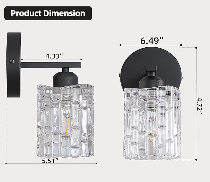 1-Light Modern Matte Black Crystal Wall Sconce, Hardwired Indoor Bathroom Vanity Light Fixture, Crystal Over Mirror Wall Lamp for Living Room, Bedroom, Hallway