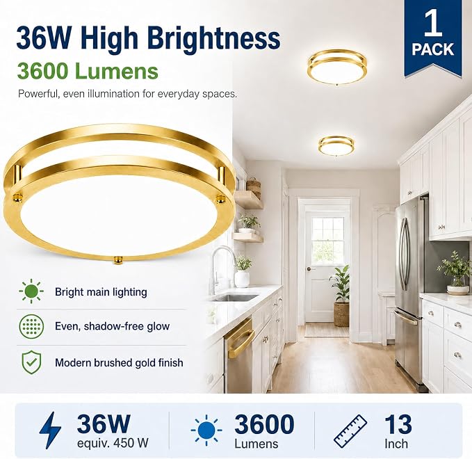 13Inch 36W Gold Modern Dimmable LED Ceiling Light Fixtures, 1-Pack 3600lm Super Bright Flush Mount Ceiling Lights, 2700K/3000K/4000K/5000K/6500K Adjustable Ceiling Lamps for Bathroom Bedroom Kitchen
