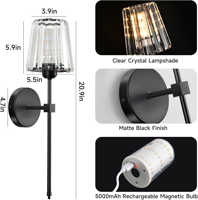 Battery Operated Crystal Wall Sconces Set of 2, Black Wireless Wall Sconce with USB Rechargeable LED Light Bulbs 12 Colors Dimmable Crystal Wall Lamp with Remote for Bedroom Living Room Bulbs Included