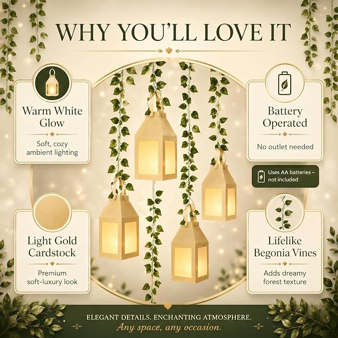 Yinder 24 Pcs Enchanted Forest Theme Decoration Set 82.68 ft Artificial Begonia Leaf Vine Paper Candle Lanterns Decor with LED String Lights for Bedroom Aesthetic Jungle Fairy Wonderland Party Favor
