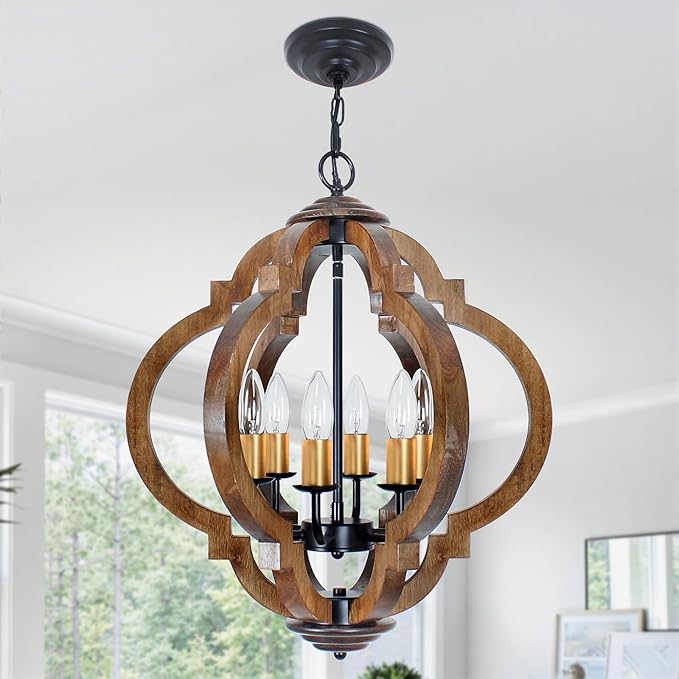 6-Light Farmhouse Chandelier, Rustic Wood Dining Room Light Fixture with Dark Brown Wood & Gold Metal, Easy to Install for Kitchen, Entryway, Bedroom, Living Room