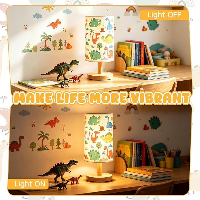 Dinosaur Lamp for Kids Bedroom, 3-Way Dimmable Table Lamp with Wooden Base and Fabric Shade, Cute Dino Room Decor for Boys Girls, Nursery Bedside Night Light, Dinosaur Gifts for Kids
