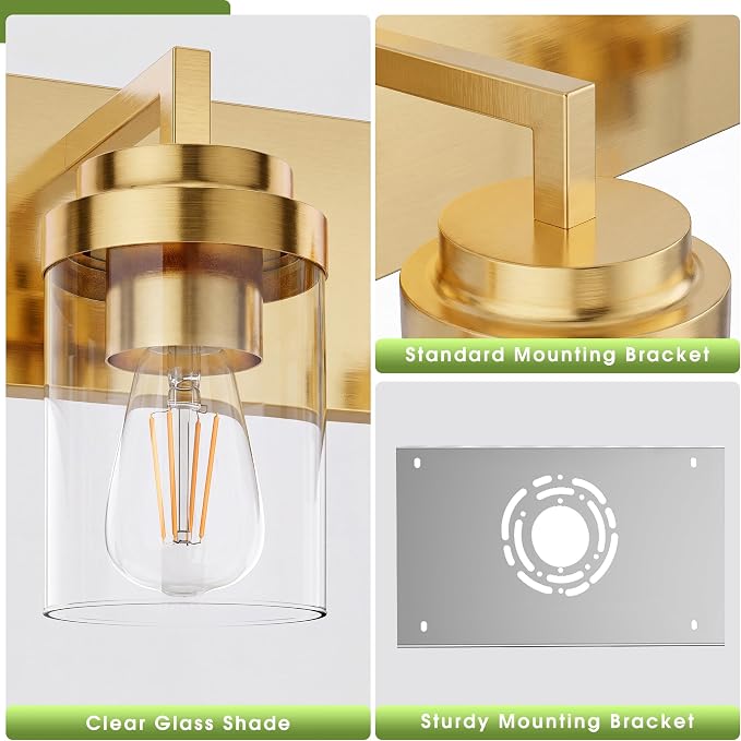 Bathroom Vanity Fixtures, 2 Light Matte Gold Vanity Light with Clear Glass Shade, 15in Farmhouse wall Light, Lighting Fixture Over Mirror for Bathroom