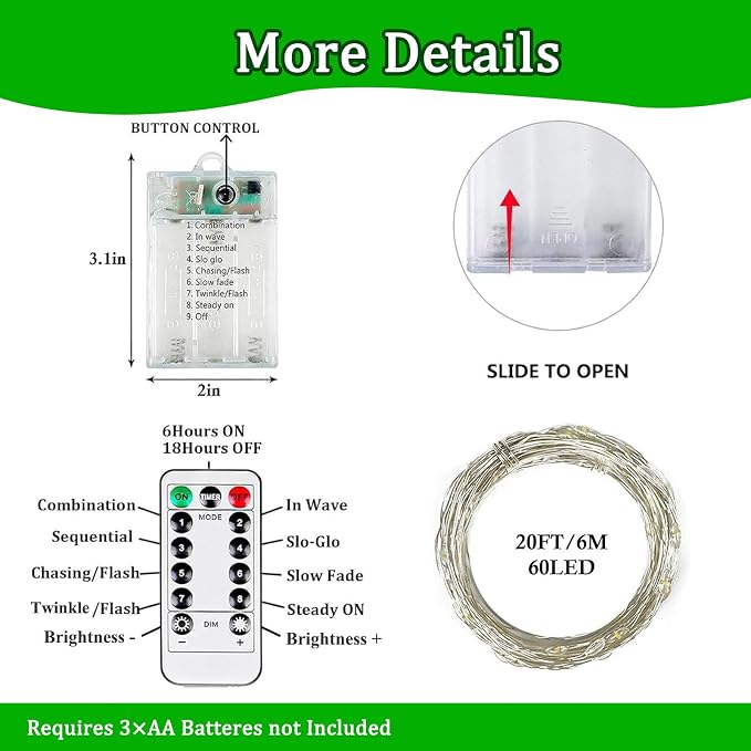 4 Pack Green Fairy Lights Battery Operated with Remote, Waterproof 20FT 60LED Cuttable Twinkle Lights with Timer Indoor Outdoor, String Light for Bedroom, Classroom, Wedding, St. Patrick's Day Décor