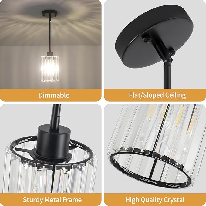 3 Pack Black Pendant Lights Kitchen Island, Modern Crystal Kitchen Pendant Lighting Over Island, Adjustable Hanging Bathroom Light Fixtures Mini Pendant Light for Dining Room Hallway Entryway Foyer