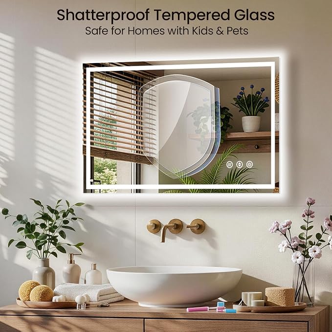 40x32 LED Bathroom Mirror with Anti-Fog, Backlit & Front Lit, Memory | Stepless Dimmable 3 Color CRI 95+ Shatterproof Tempered Glass ETL Listed for Safety Lighted Bathroom Vanity Mirror for Wall
