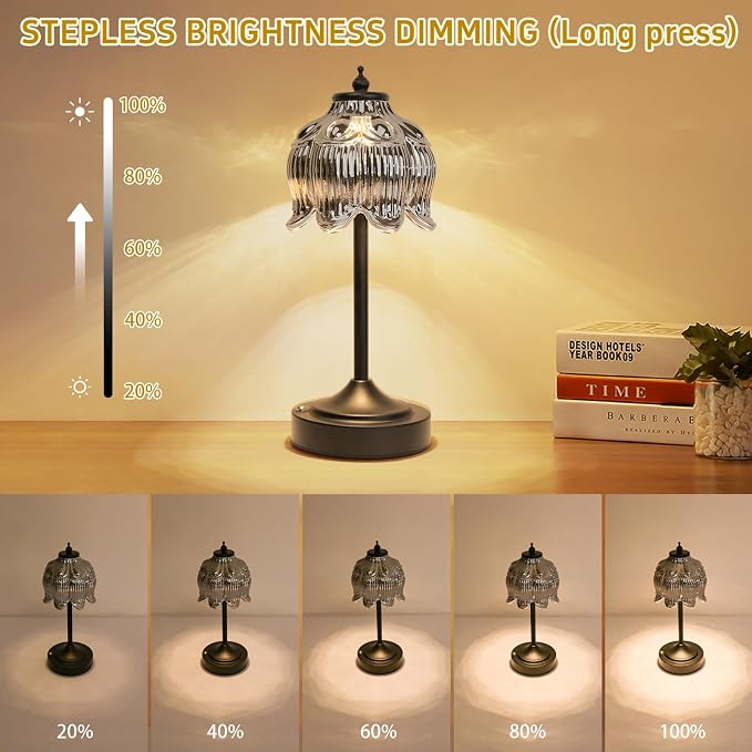 Cordless Table Lamp, Rechargeable Black Glass Lotus Flower Lamp | 5200mAh touch lamp with 3 color modes and stepless dimming, battery operated lamp for nightstands and kitchen counters
