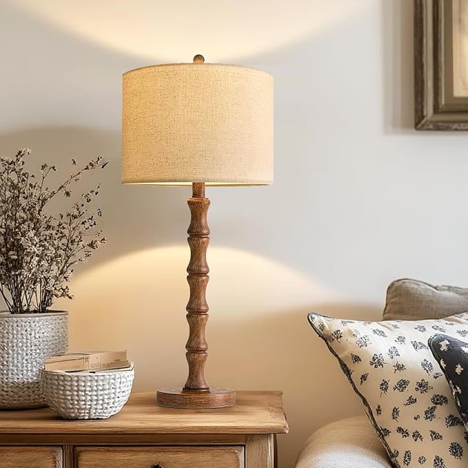 ILLMTW Wood Table Lamp Set of 2,Vintage Buffet Lamps Mid Century Bedside Lamp Wooden Nightstand Lamp Farmhouse Retro Side Tall Table Lamp Rustic Boho for Bedroom Living Room
