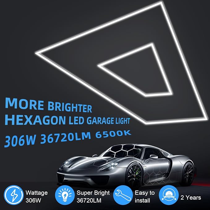 MODERN Hexagon LED Garage Light: Higher Brightness 36720 Lumens Hexagon Garage Led Ceiling Light with 2 Rectangular Borders 6500K for Garage, Auto Beauty Shop, Car Detailing Shop etc.