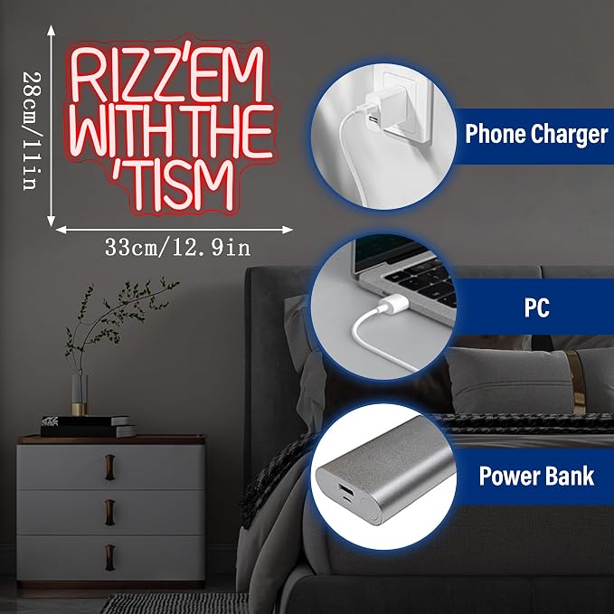 Rizz 'Em With The Tism Neon Signs for Wall Decor,Dimmable Autistic Humor Autism Awareness Neon Light,USB Neon Light for Man Cave Bedroom Kid Classroom Birthday Party Gifts (12.9 * 11in)