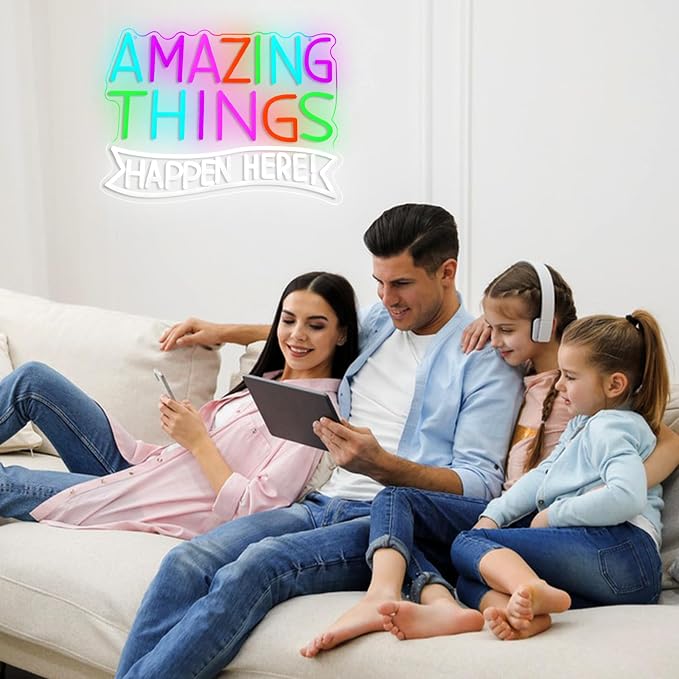 Amazing Things Happen Here Neon Sign Inspirational Rainbow Neon Light USB Powered Amazing Light LED Sign for Wall Decor Bar Club Party Home Room(16.54 * 11.02In)