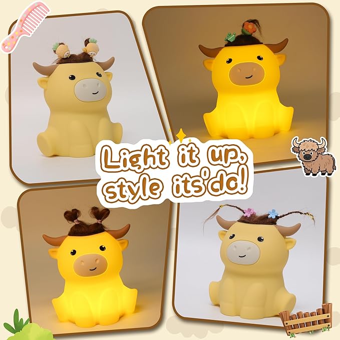 YuanDian Highland Cow Night Light, Squishy Silicone Lamp. Rechargeable, Dimmable with Timer, Touch Control for Bedside, Gift Nightlight for Breastfeeding Toddler Baby Kids (No Accessories Included)
