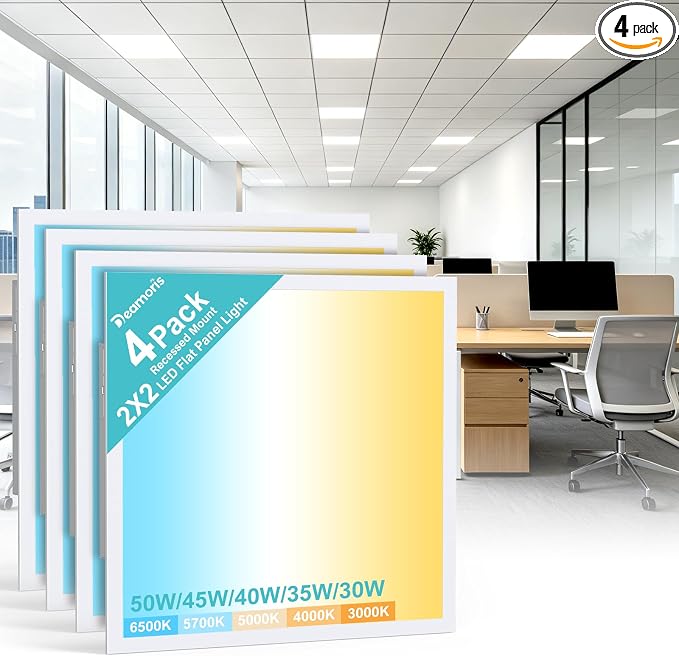 4 Pack 2x2 LED Flat Panel Light,3000K-6500K & 5 Wattage Selectable | 50W 5500LM, 0-10V Dimmable, AC 120-277, Recessed 2x2 led drop ceiling light fixture for Office, Kitchen, Garage, School