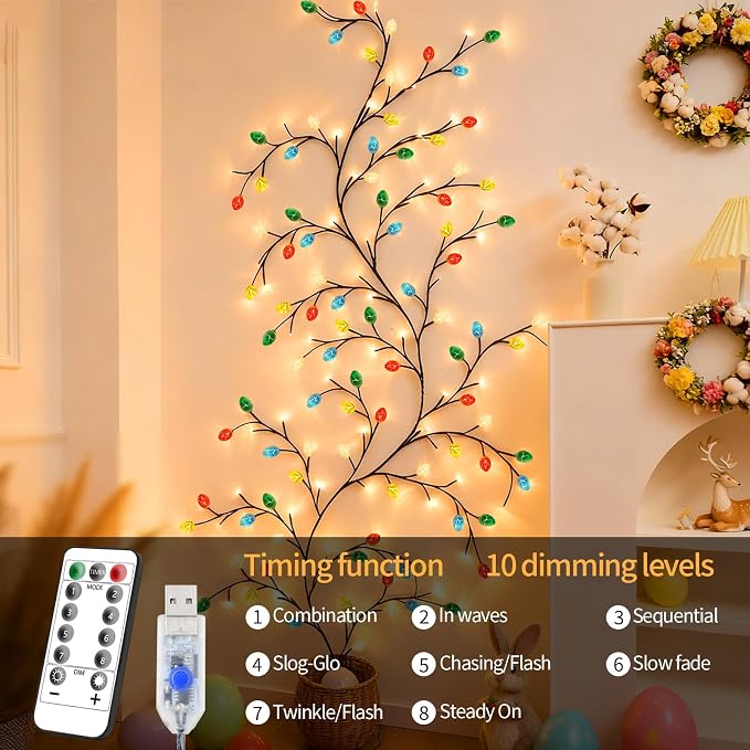 4FT 48LED USB Easter Egg Tree Branch Lights for Wall Decor, USB Battery Box | USB Easter Egg Enchanted Tree Branch Lights for Easter Wall Decor with Remote Timer,8 Light Model USB Battery Box
