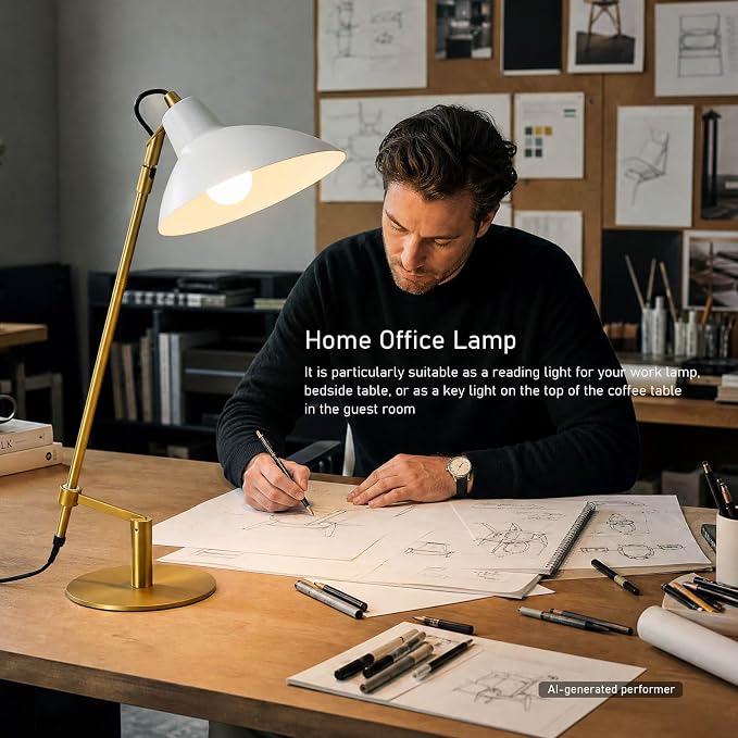 Desk Lamp Modern Industrial 100% Metal Adjustable Table Lamp 24", Natural Light (4000K) with Dimmer, Ideal for Office Bedroom Study Room Living Room Nightstand Bedside Lamps White+Brass