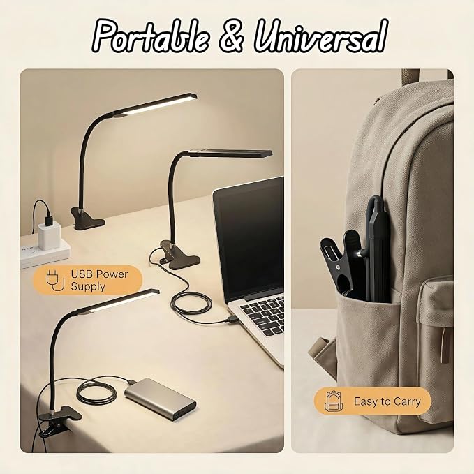 BUBBLE-FLY LED Clip on Reading Light, USB Desk Lamp with 32 LED Eye Protection, 360° Flexible Arm, Dimmable Clamp Light for Bed Headboard Home Office Study 7W Black