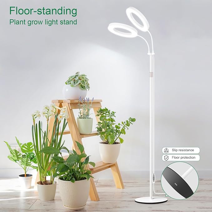 LBW Full Spectrum Grow Light with Stand for Large & Tall Indoor Plants, Adjustable Height 48.8–68'', Auto Cycle Timer 4/8/12H, 4-Level Dimmable Floor Plant Light (White)